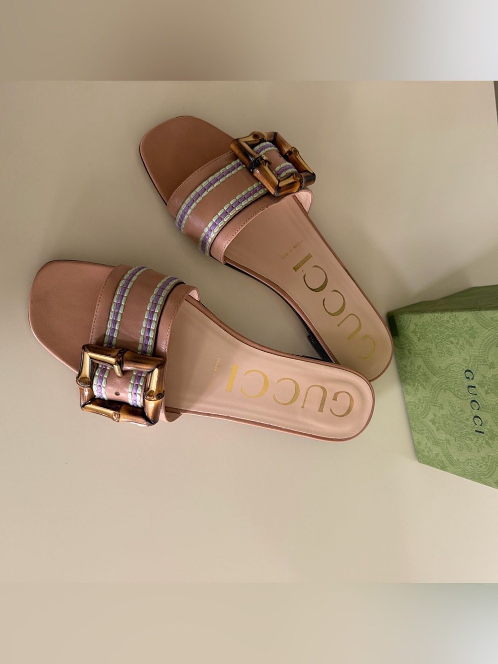 Gucci Pink Leather Slide Sandals with Bamboo Buckle